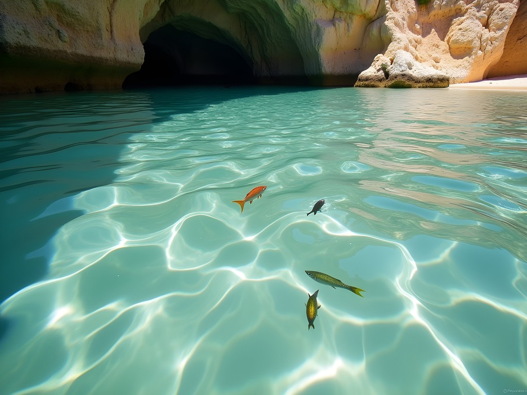 Crystal clear emerald waters of Cala Esmeralda beach with sunlight patterns on sandy bottom