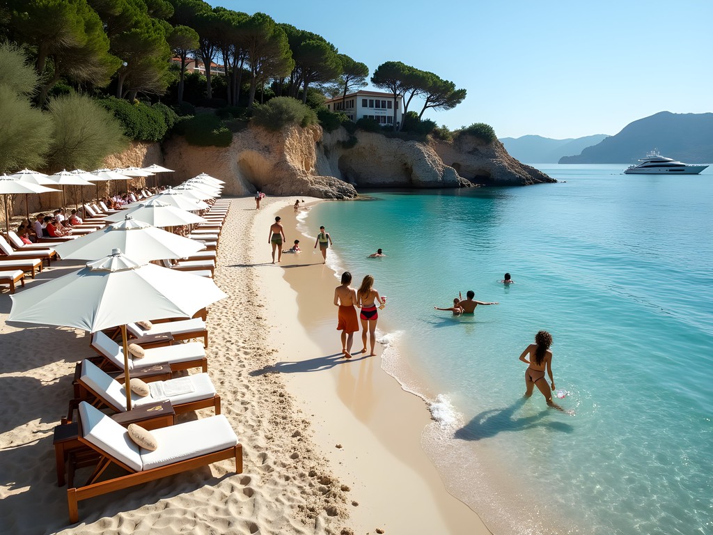 Upscale beach experience at Cala Ferrera with loungers and attendant service