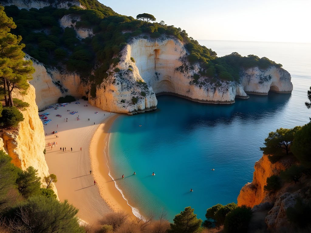 Dramatic limestone cliffs surrounding the secluded Cala Mitjana beach perfect for climbing