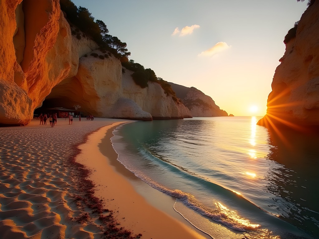 Golden sunset illuminating the cliffs and waters of Cala Sa Nau beach
