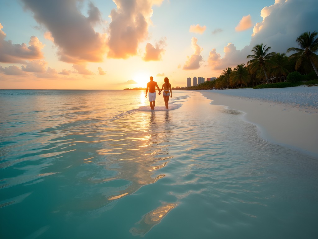 Shallow sandbars and warm pools at Playa Norte during sunset, Isla Mujeres