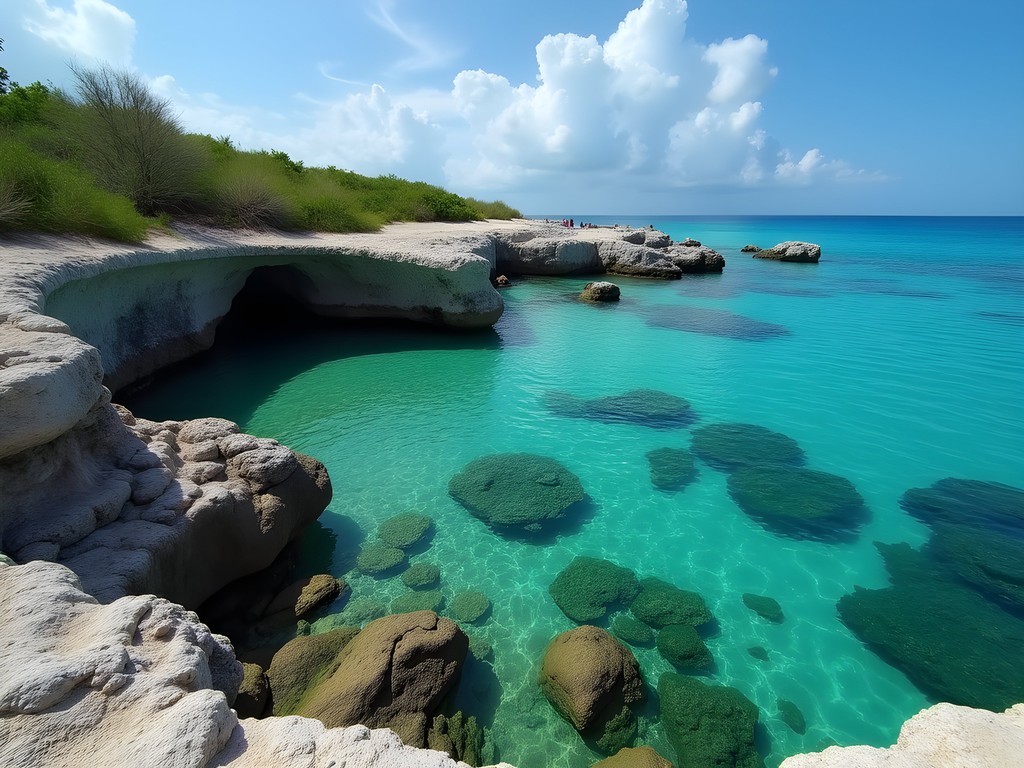 Rocky shoreline of Jade Bay in Akumal with distinctive green waters