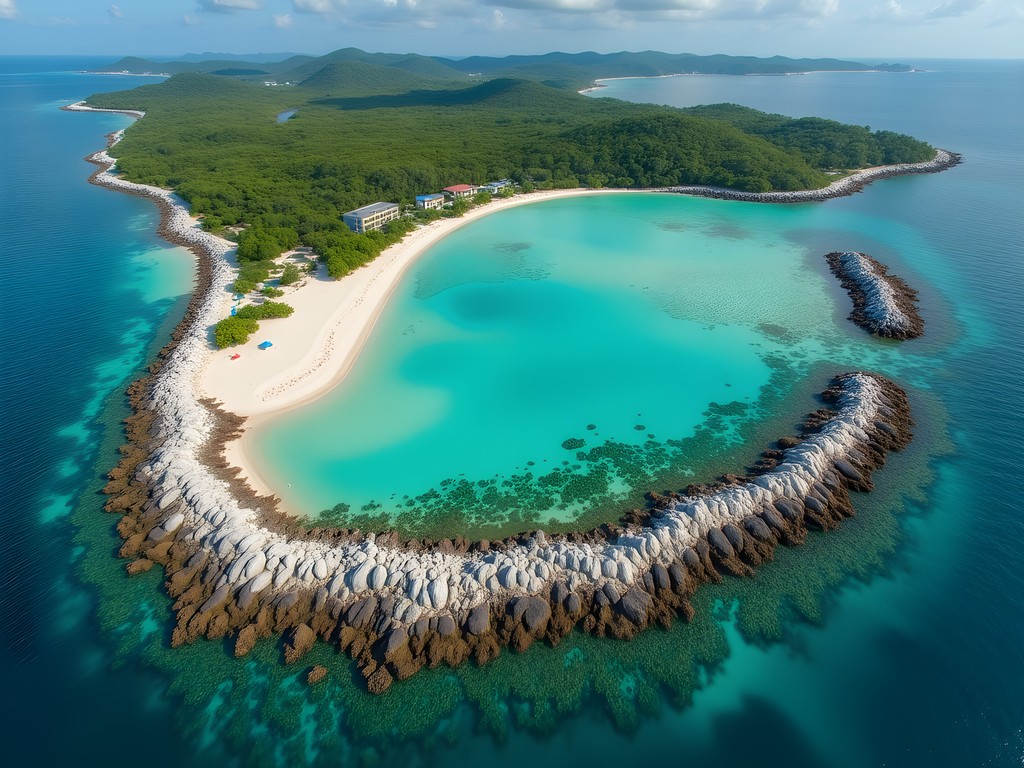 Aerial view of Soliman Bay's distinctive horseshoe shape and protected waters