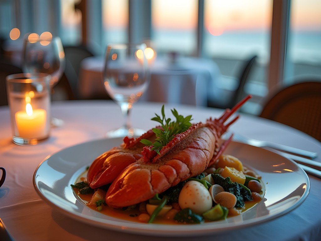 Fresh seafood dinner at oceanfront restaurant in Cape May at sunset