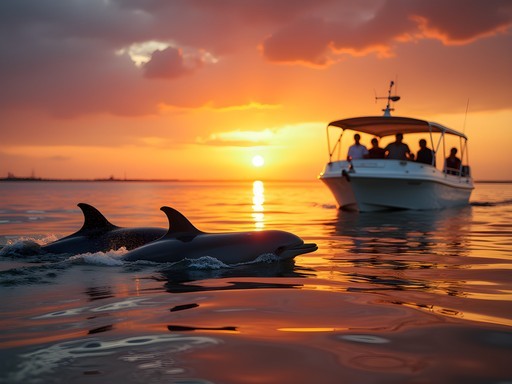 Dolphins swimming alongside boat during sunset cruise in Cape May