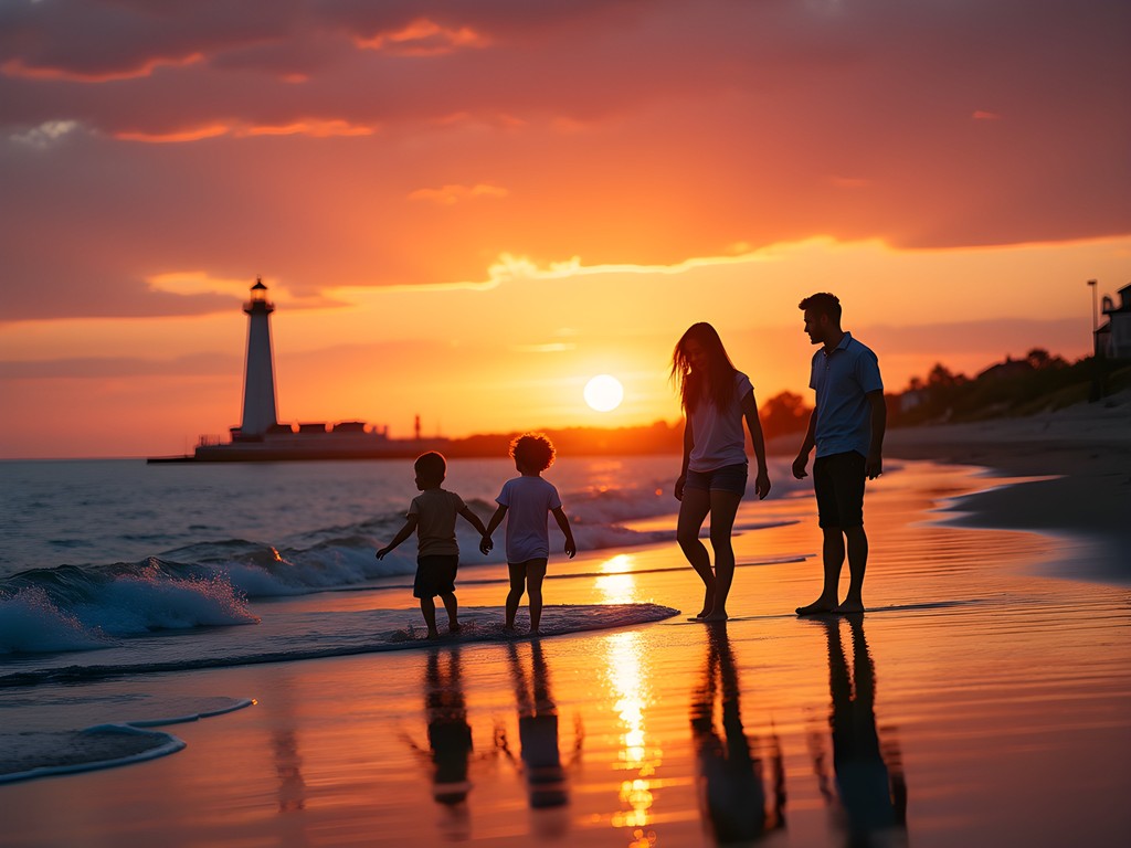 Family enjoying sunset on Cape May beach with lighthouse in distance
