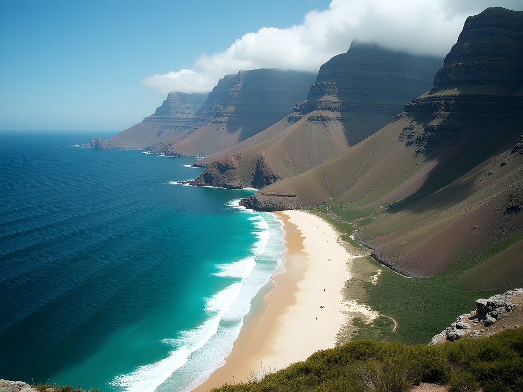 Aerial view of Diaz Beach showing white sand crescent surrounded by dramatic cliffs at Cape Point