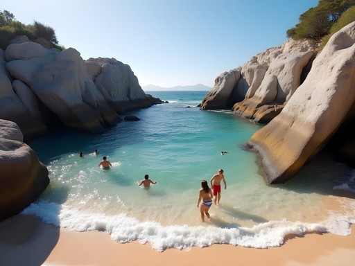 Calm waters and granite boulders at Water's Edge Beach with couple relaxing in secluded cove