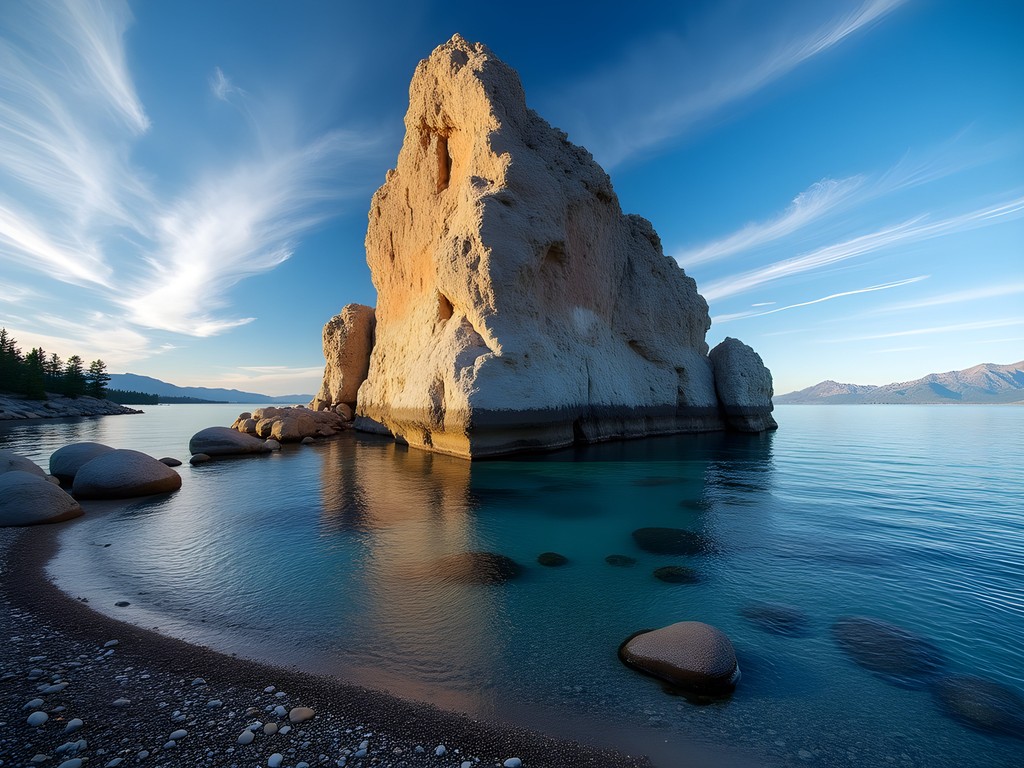 Dramatic Cave Rock formation rising above the clear blue waters of Lake Tahoe