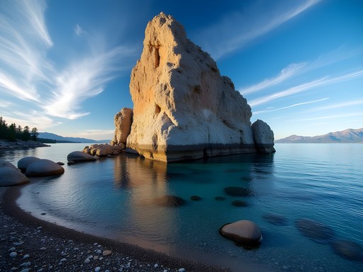 Dramatic Cave Rock formation rising above the clear blue waters of Lake Tahoe