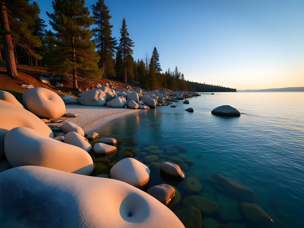 Secluded Hidden Beach with granite boulders and clear water, Lake Tahoe