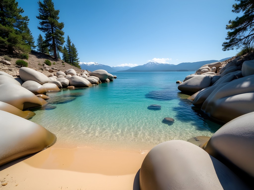 Crystal clear turquoise waters at Sand Harbor Beach, Lake Tahoe