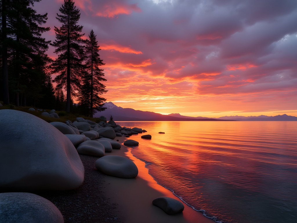 Silhouette of pine trees against a colorful Lake Tahoe sunset from the shore