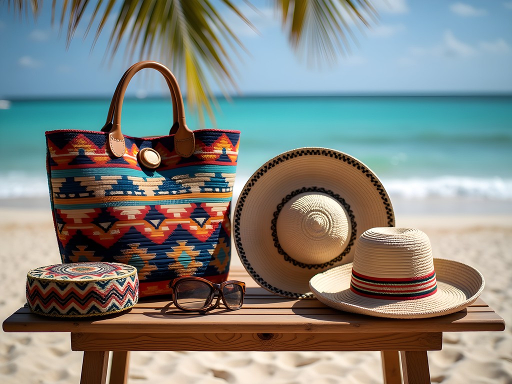 Traditional Colombian beach crafts and fashion items displayed near the shore