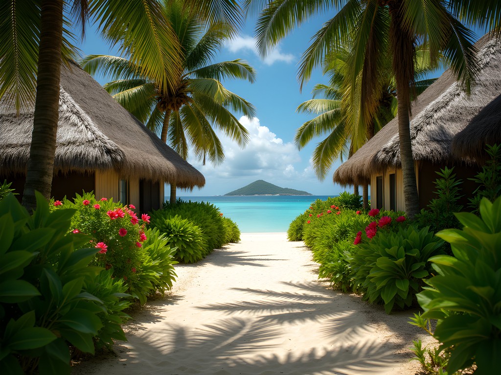Natural coastal path on Isla Grande with traditional Colombian architecture