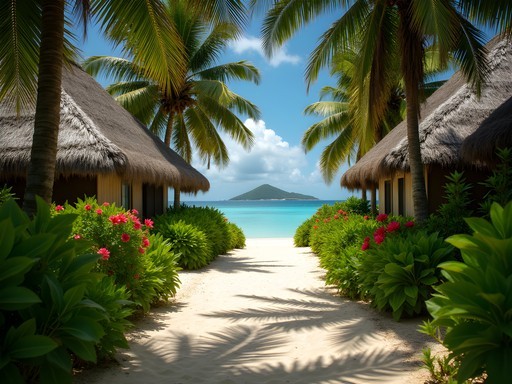 Natural coastal path on Isla Grande with traditional Colombian architecture