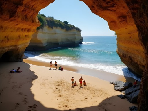 Secluded Praia do Abano with local Portuguese families enjoying the sheltered cove