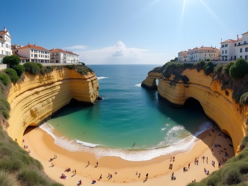 Family-friendly cove at Praia da Adraga with natural rock arch and calm waters