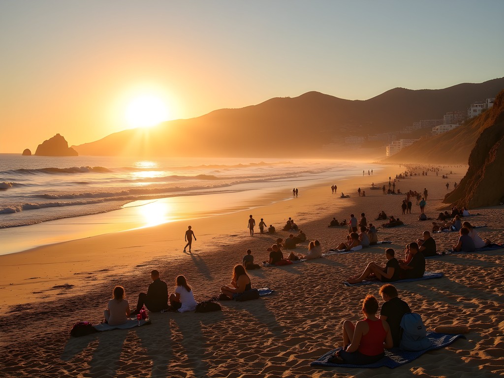 Families enjoying sunset at Praia do Guincho with windsurfers in background