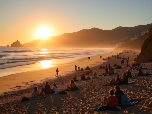 Families enjoying sunset at Praia do Guincho with windsurfers in background