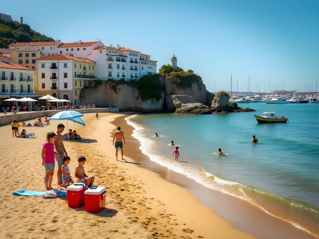 Praia da Ribeira beach in Cascais town with families and view of marina