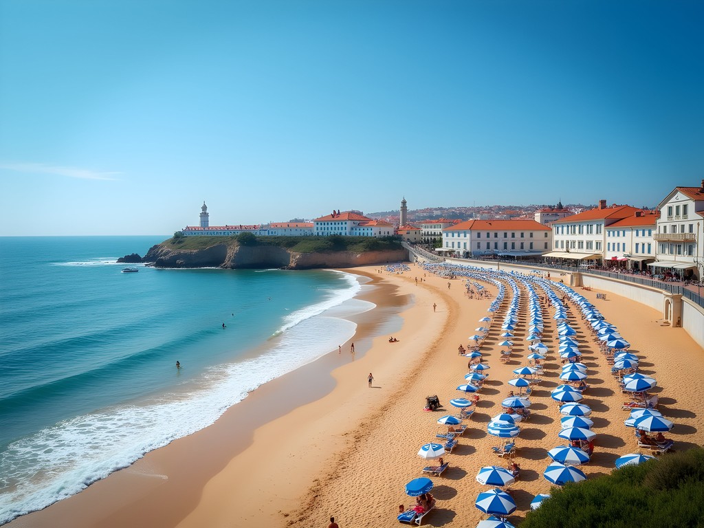 Colorful beach umbrellas at Praia do Tamariz with Estoril promenade and historic buildings