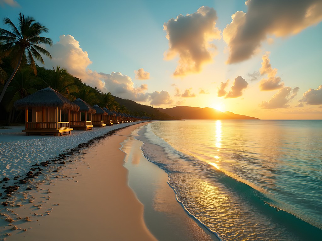 Luxury beach cabanas on Banana Bay at sunset with Nevis island silhouette in background