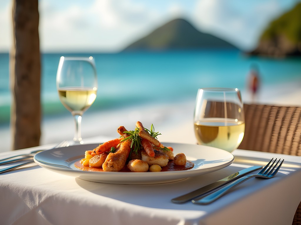Elegant beachfront dining at Spice Mill Restaurant on Cockleshell Bay with view of Nevis