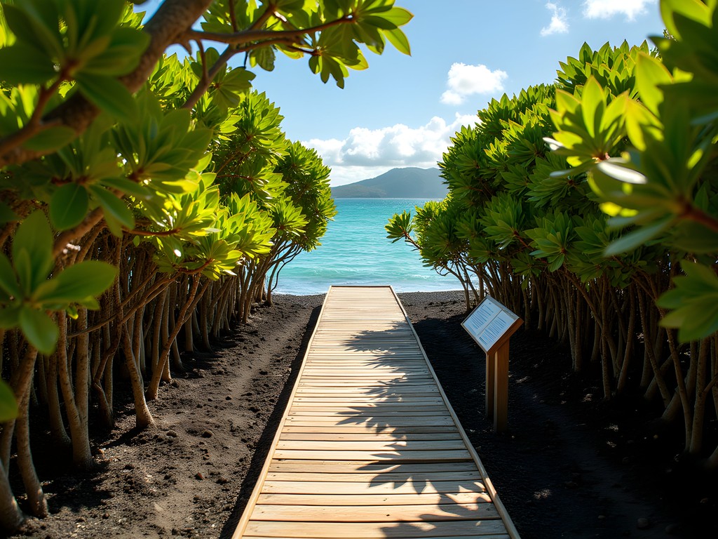 Mangrove restoration project at Herbert's Beach in Nevis with educational signage and boardwalk