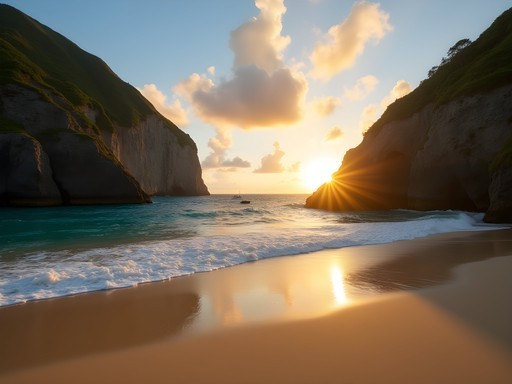 Golden sunrise over the secluded Lover's Beach in Nevis with volcanic cliffs and crystal clear waters