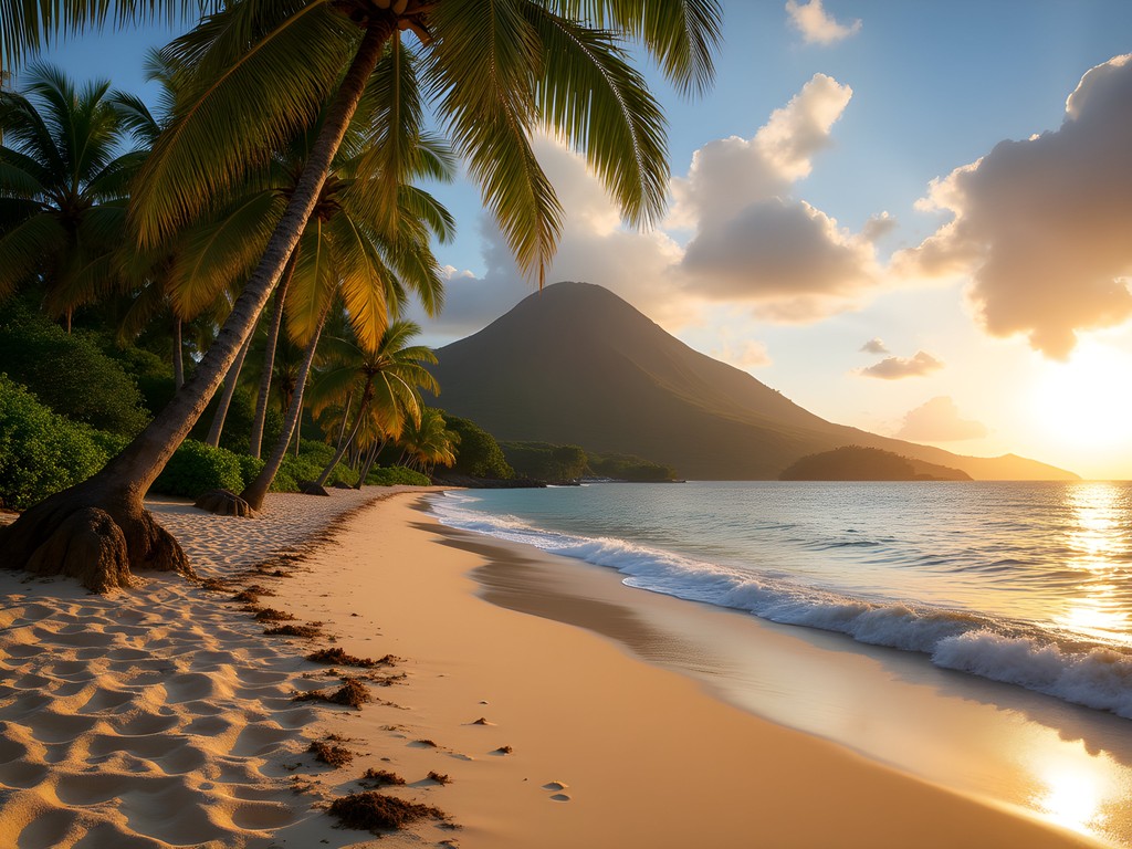 Secluded northern section of Pinney's Beach at sunset with natural palm groves and clear waters