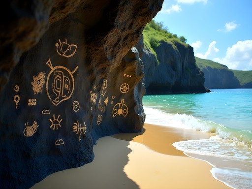 Ancient Kalinago petroglyphs on volcanic rocks at Sandy Bank Bay with Caribbean Sea in background