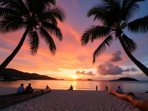 Sunset view from Sunset Beach with silhouettes of palm trees and Christiansted harbor in the distance