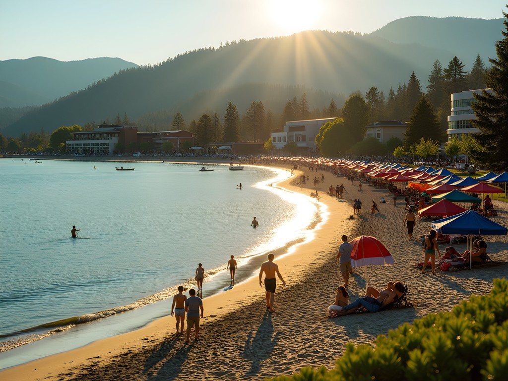 Morning light illuminating Coeur d'Alene City Beach with families setting up for the day