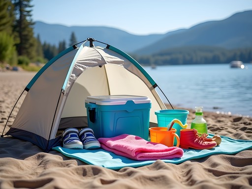 Well-organized family beach setup at Lake Coeur d'Alene with beach tent, cooler, and water toys