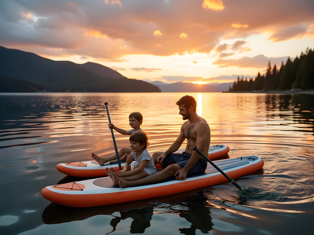 Family paddleboarding at sunset on Hayden Lake at Honeysuckle Beach with golden light
