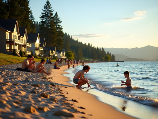 Local families enjoying the quiet atmosphere at Sanders Beach with historic lakefront homes in background