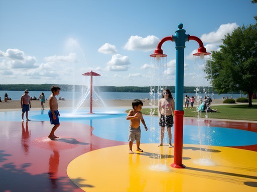 Children playing at Airport Park Beach splash pad with Lake Champlain visible in background