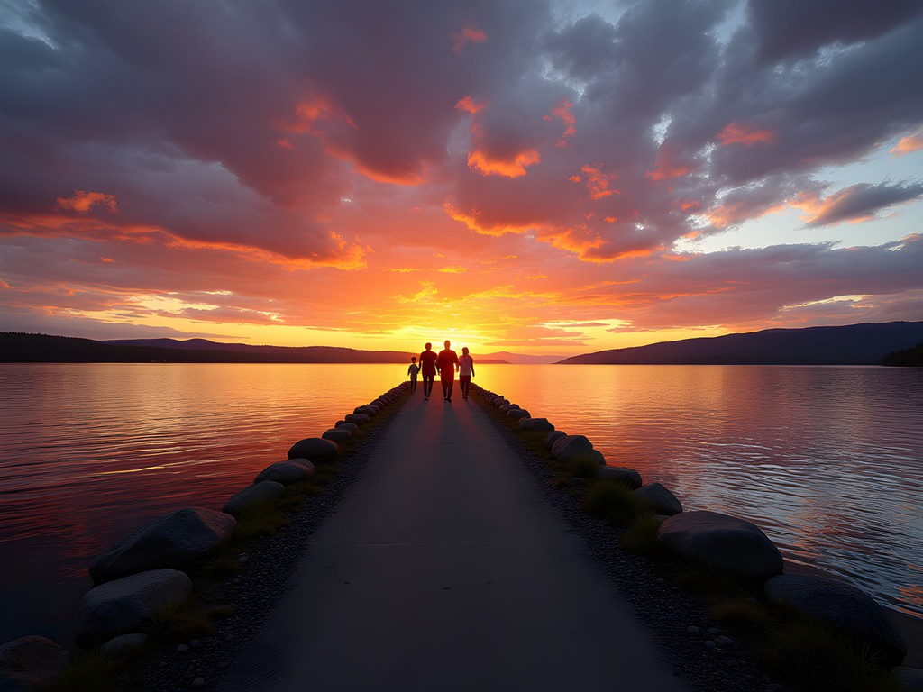 Family silhouettes on Island Line Trail causeway with dramatic sunset over Lake Champlain