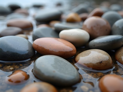 Colorful clay stones along hidden Lake Champlain shoreline in Colchester with child skipping stones