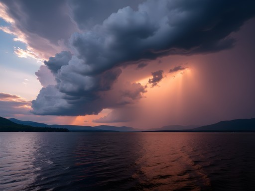 Dramatic storm clouds over Lake Champlain with photographer silhouetted against colorful sky