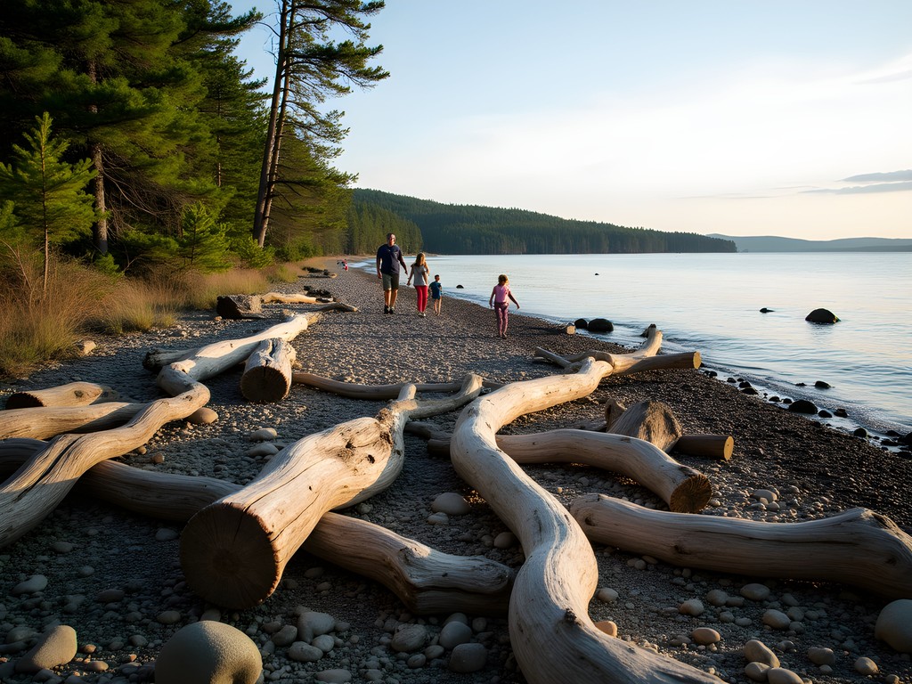 Driftwood-strewn beach at Porter Natural Area with family exploring rocky shoreline