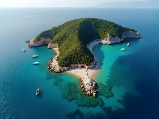 Aerial view of Avlaki peninsula with multiple hidden coves and crystal clear turquoise waters in northeastern Corfu