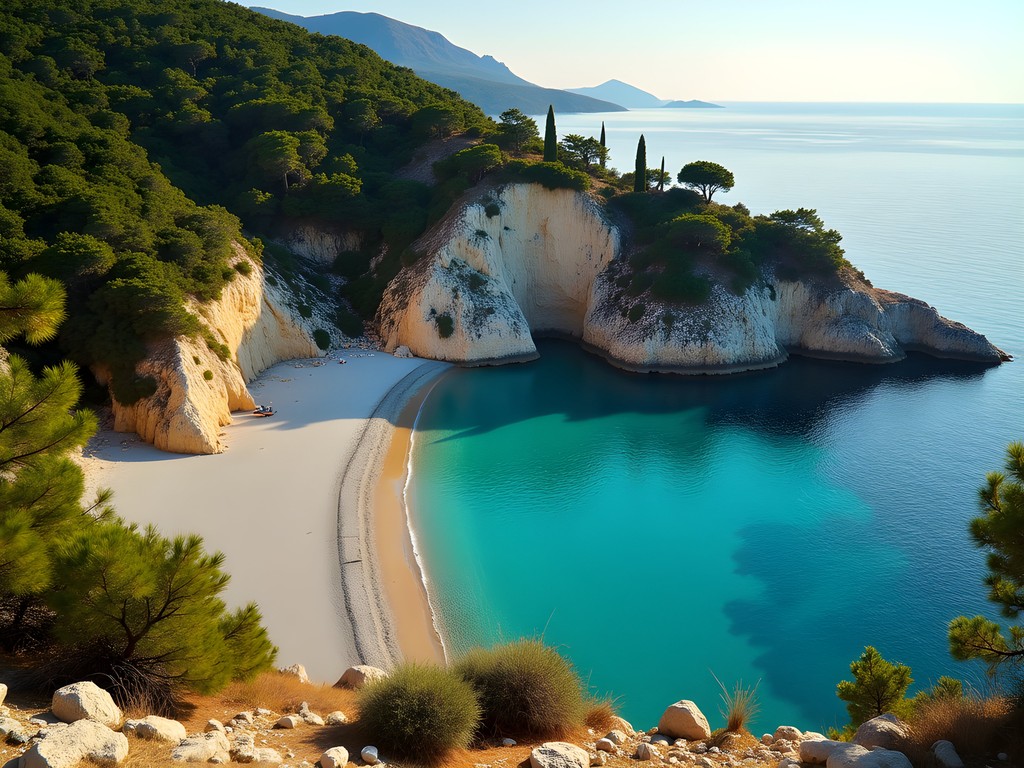 Hidden Limni Beach cove with calm turquoise waters surrounded by Mediterranean vegetation in northeastern Corfu