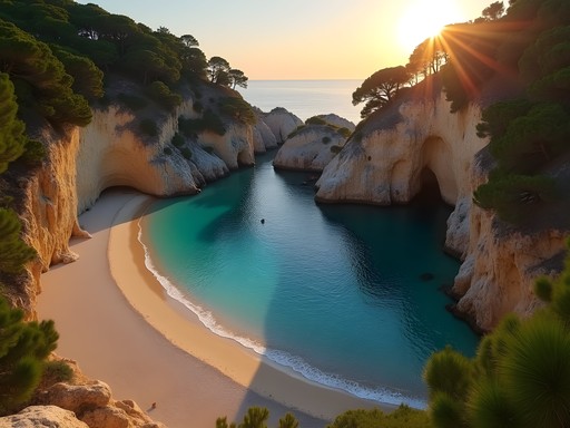 Stunning sunset at Myrtiotissa Beach with golden light illuminating the sandy shore and cypress-covered cliffs