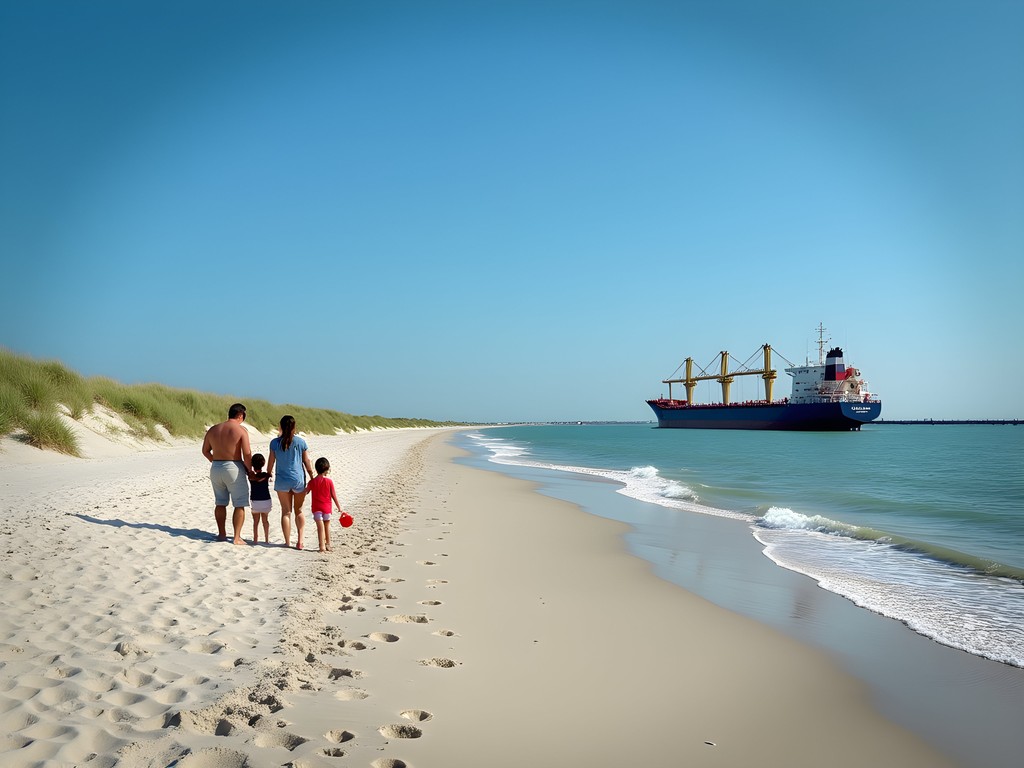 Large ship passing near Port Aransas Ferry Beach with beachgoers watching
