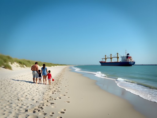 Large ship passing near Port Aransas Ferry Beach with beachgoers watching