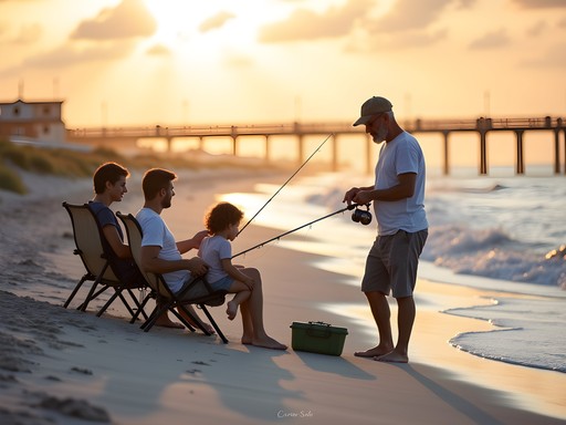 Family fishing together at Padre Balli Park beach in Corpus Christi