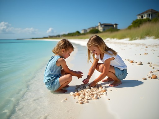 Children collecting shells on pristine San José Island beach near Corpus Christi