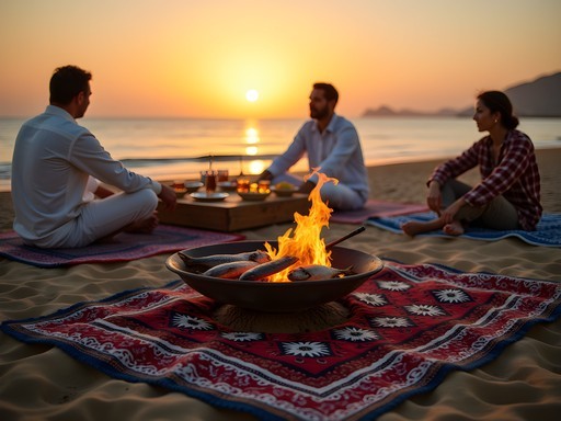 Traditional Bedouin beach dinner setup at sunset in Dahab